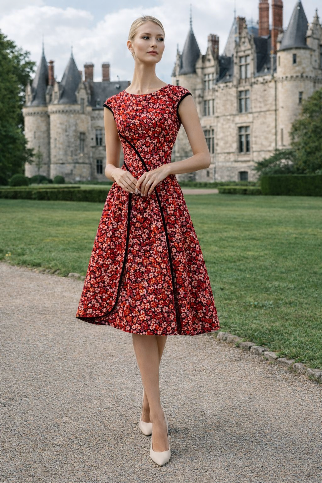 Mannequin en robe d'été sans manches à petits imprimés floraux jupe plis latéraux originale coloris rouge.